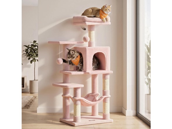 Feandrea Cat Tree, 54.2" Cat Tower, Multi Level, Jelly Pink