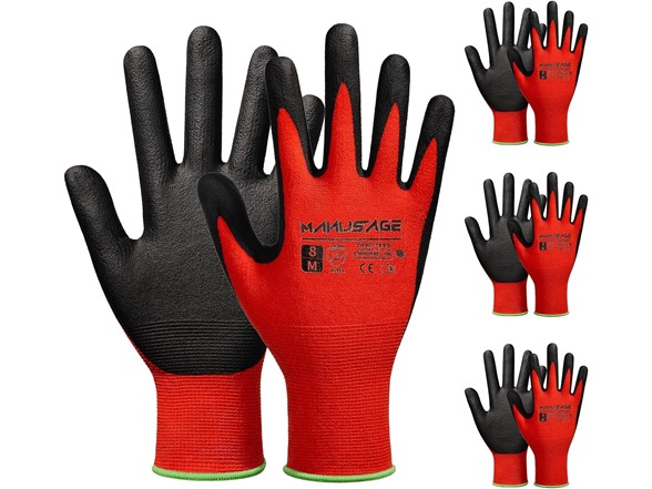 Manusage Safety Work Gloves, Red 3pk M