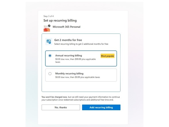 Representative of 2 extra months free when selecting recurring billing