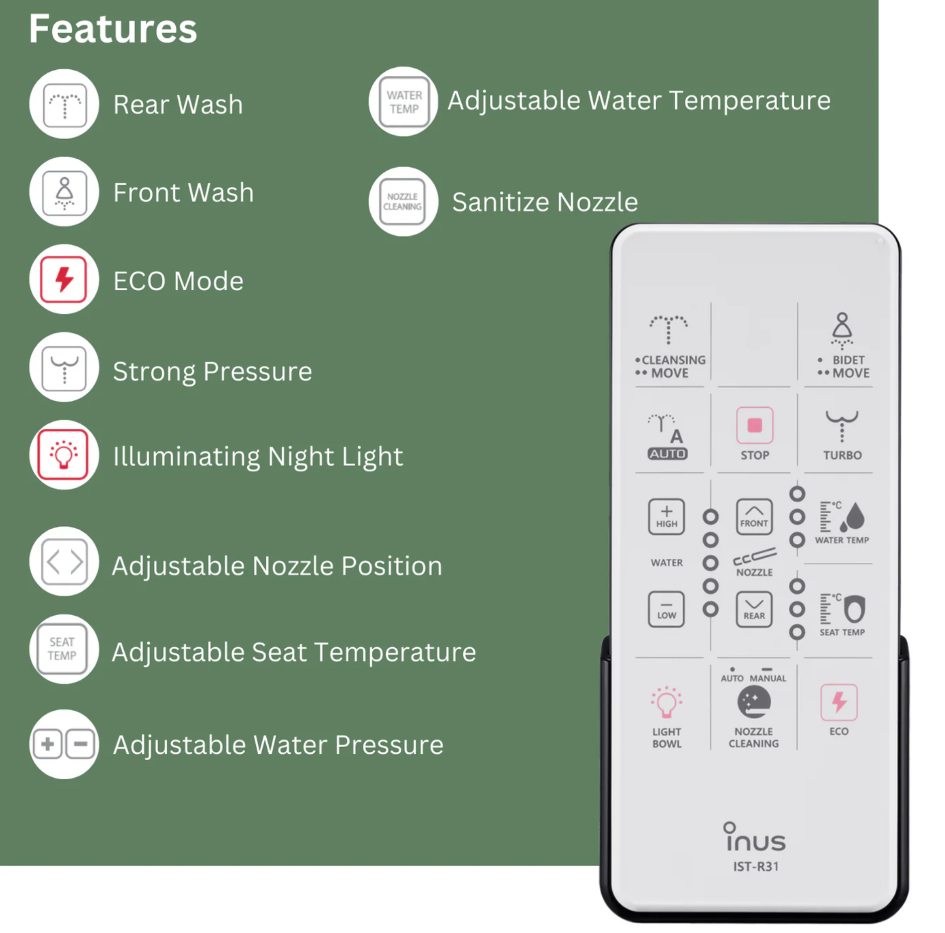 Inus R31 Electronic Bidet Heated Seat & Wireless Remote - Gallery 11