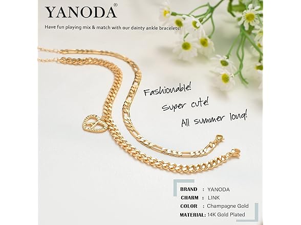 YANODA Initial Ankle Bracelets (V) 14K Plated