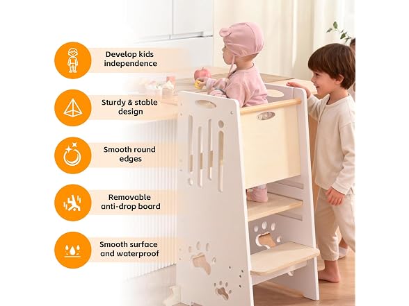 Toddler Tower Height-Adjustable White Step Stool with Sliding Safety Door (Open Box)