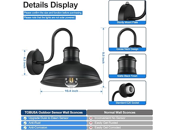 2-Pack Dusk to Dawn Wall Sconces, Black