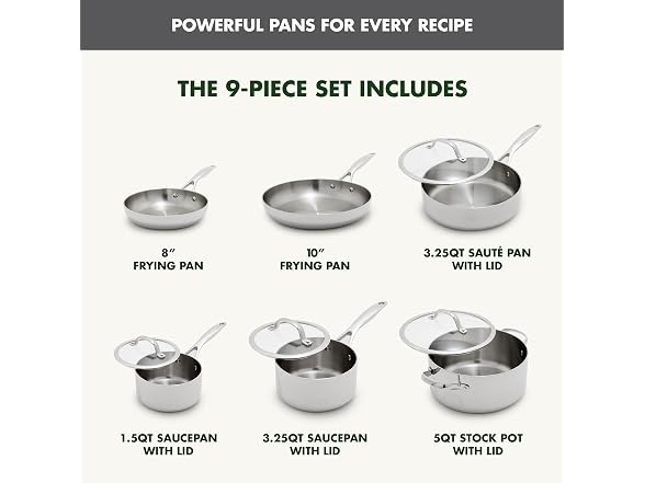 GreenPan Valencia Pro Tri-Ply Stainless Steel 9 Piece Cookware Set