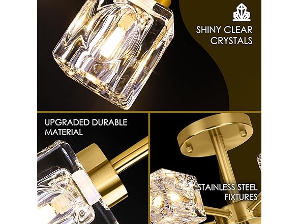 Modern Crystal Chandelier, 6-Light Gold Flush Ceiling Light