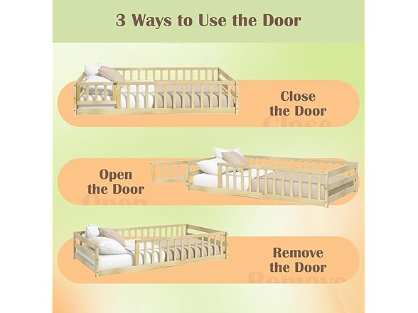 Giantex Twin Floor Bed with Door & Fence, Kids Wood Montesso (Open Box)