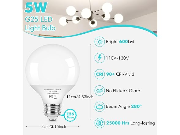 Brightever G25 LED Globe Light Bulbs 60 Watt Equivalent