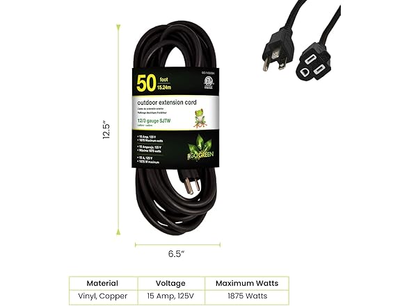 Outdoor Extension Cord, Black, 50 ft