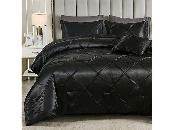 Black Pintuck Comforter Set Silky Satin Full