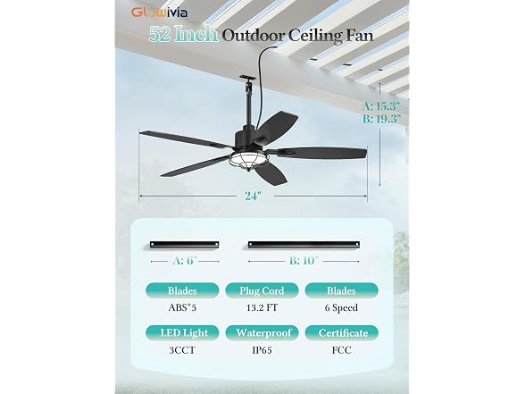 Glowivia 52in Outdoor Ceiling Fan IP65
