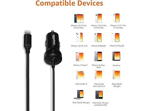 Amazon Basics 12W 1.5ft Car Charger w/ Coiled Lightning Cable
