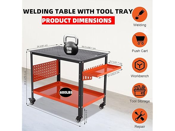 Orange Welding Tables w/ Wheels for Shop 36"x24"