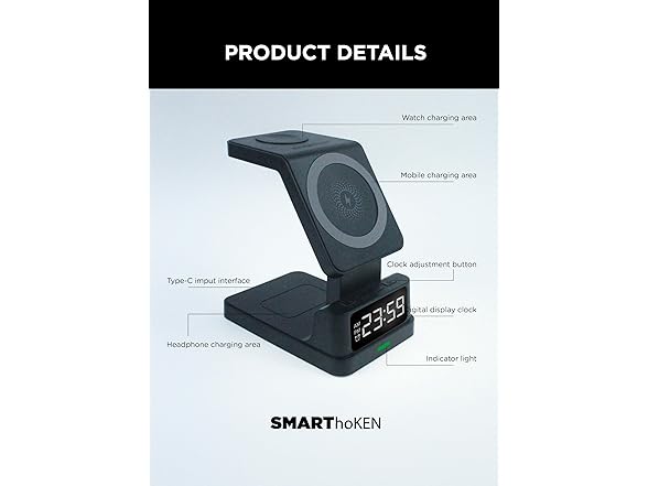 SMARThoKEN 4-in-1 Wireless Magnetic Charging Station w/Clock