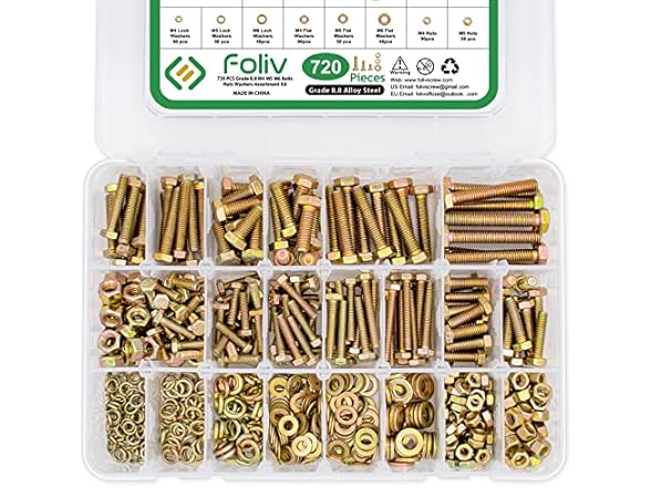 FOLIV 720pcs M4 M5 M6 Grade 8.8 Metric Bolt Assortment