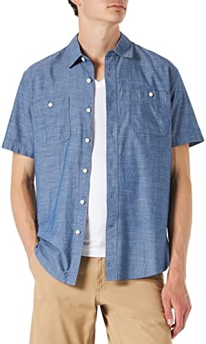 Amazon Essentials Men's Regular-Fit, Short-Sleeve Button-Down Chambray Shirt - Rinsed, Small