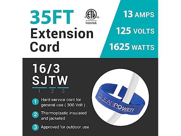 Clear Power 35ft IndoorOutdoor 16/3 Extension Cord