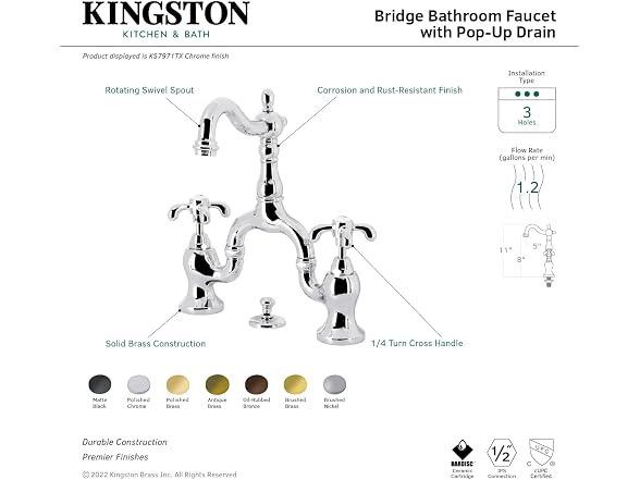 Kingston KS7970TX Bridge Bathroom Faucet w/ Pop-Up
