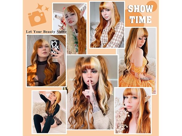 Orange Wig with Bangs Long Wavy Wigs for Women