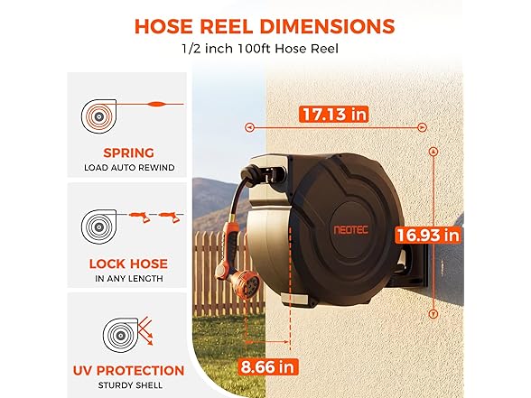 NEOTEC Retractable Garden Hose Reel 1/2 inch x 100ft, Heavy Duty Hose Reel 9-Pattern Nozzle, Auto Lock & Slow Return System, 180° Swivel Bracket (Open Box)