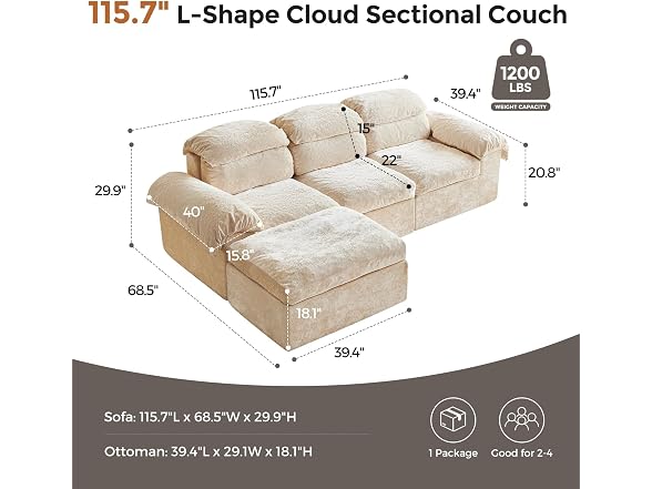 Ayovoch 115.7" Cloud Couch, Boneless Couch, Sectional