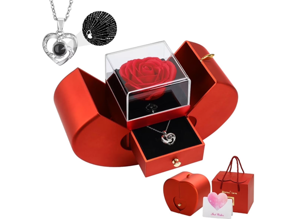 Preserved Rose Box with Heart Necklace