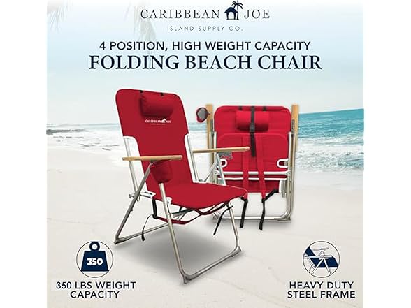 CARIBBEAN JOE  Beach Chair, 4 Position (Red)