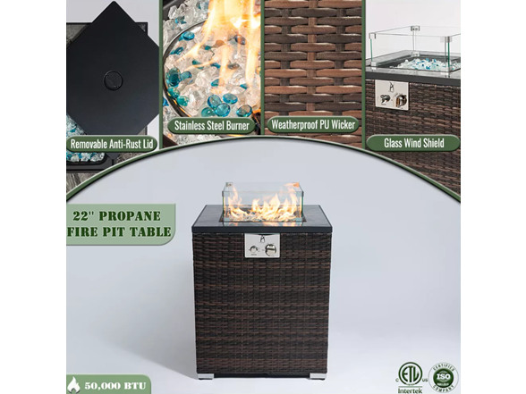 22" Sq 40k BTU Wicker Base Fire Table – Black