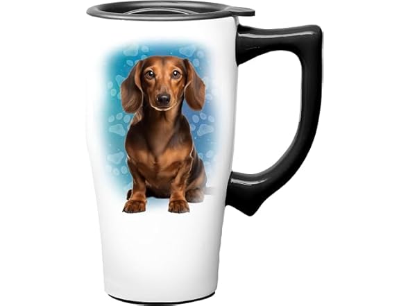 Spoontiques Dachshund Ceramic Travel Coffee Mug with Lid and Handle
