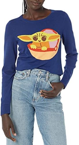Amazon Essentials Disney | Marvel | Star Wars Women's Lightweight Crewneck Sweaters, Star Wars Grogu - Womens, Large