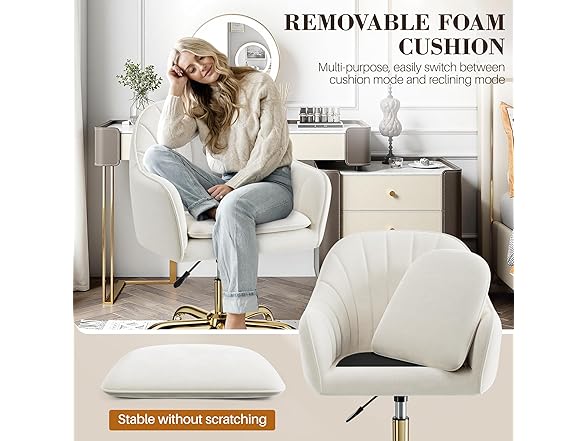 BestEra Vanity Chair with Wheels, Comfy Home Office Desk Chairs Adjustable Modern Velvet Makeup Vanity Chairs for Bedroom Living Room-Beige (Open Box)