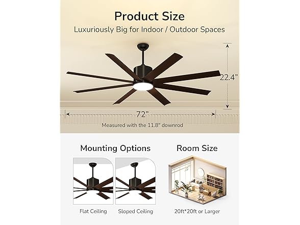 ULG 72 Inch Ceiling Fan with Light and Remote & App Control