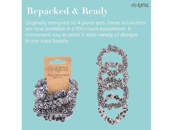 Karma Slim Hair Scrunchies 100 Piece Gray Floral