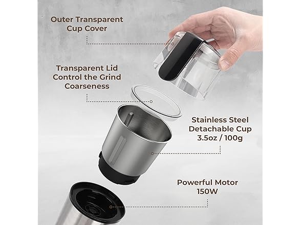 Kaffe Electric Coffee Grinder with Removable Cup (3.5oz)