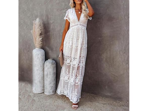 Huntarry Women (L) Lace V Neck Tulle Lace Dress