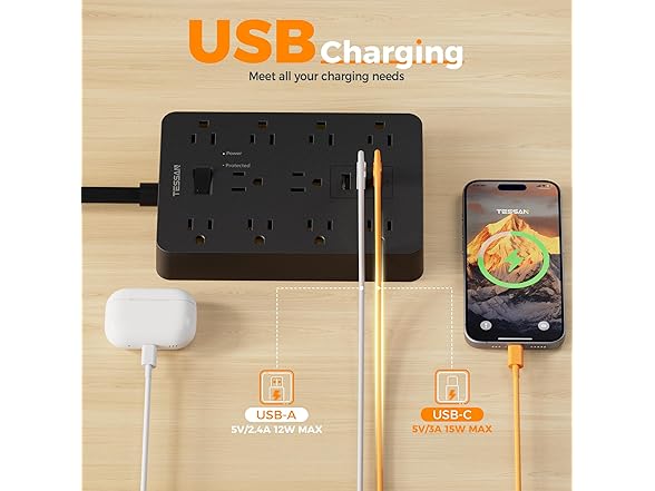TESSAN 10ft Power Strip (10 Outlets, 3 USB)