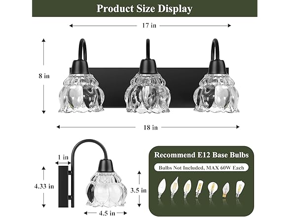 Yochoice 3-Light Bathroom Light Fixture w/Flower Glass