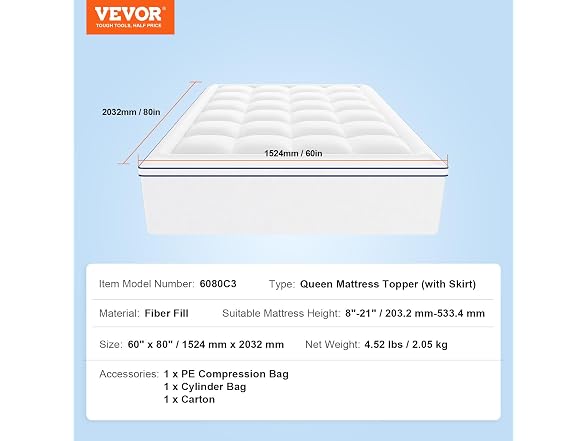 Mattress Topper, Queen Size, 1" Thickness, Fiber