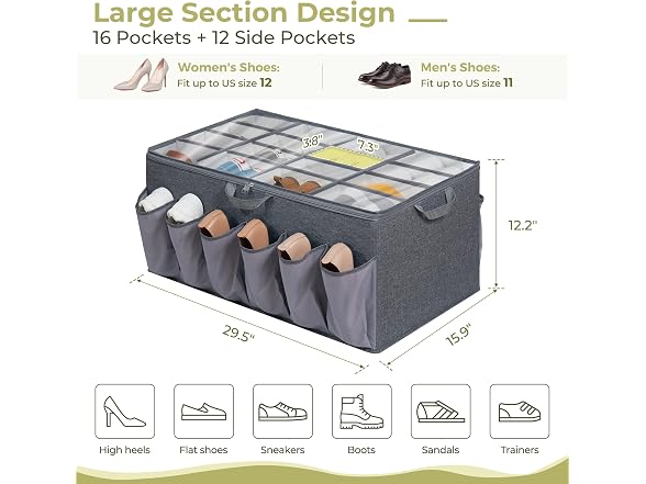 STORAGEIDEAS Extra Large Fabric Shoe Organizer Grey, 2 Pack