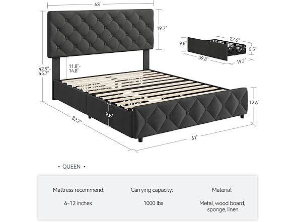 GAOMON Queen Size Bed Frame with 4 Storage Drawers
