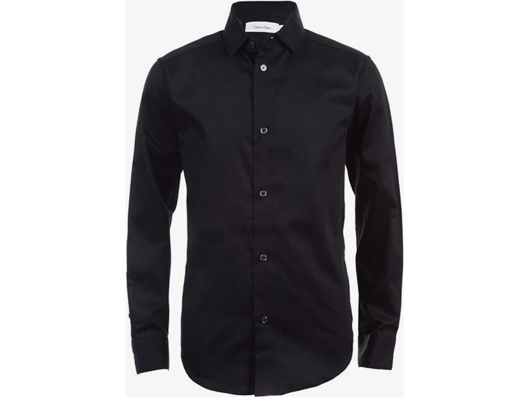Calvin Klein Boys' Long Sleeve Sateen Dress Shirt, Button-Down Style with Buttoned Cuffs & Shirttail Hem, Black, 6