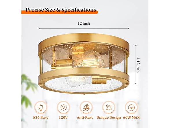 Brightever 2-Light Gold Close to Ceiling Light Fixture
