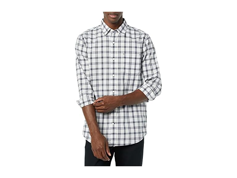 Amazon Essentials Men's Long-Sleeve Slim-Fit Stretch Poplin Shirt, Dark Navy White Plaid, X-Small
