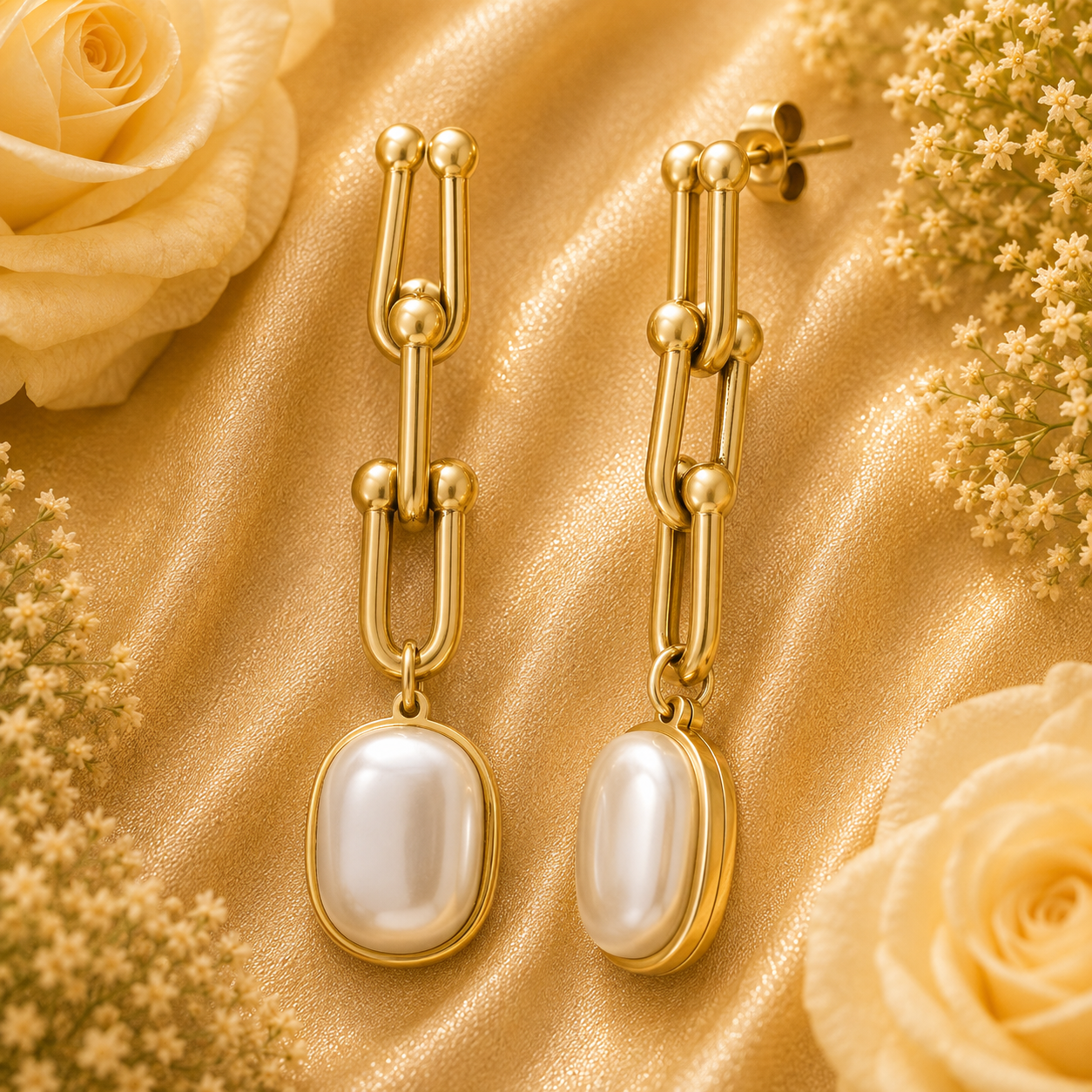 18K Gold Pearl Link Drop Earrings - Gallery 5