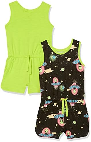 Amazon Essentials Girls' Knit Sleeveless Rompers (Previously Spotted Zebra), Pack of 2, Black Aliens/Neon Lime Green, X-Large