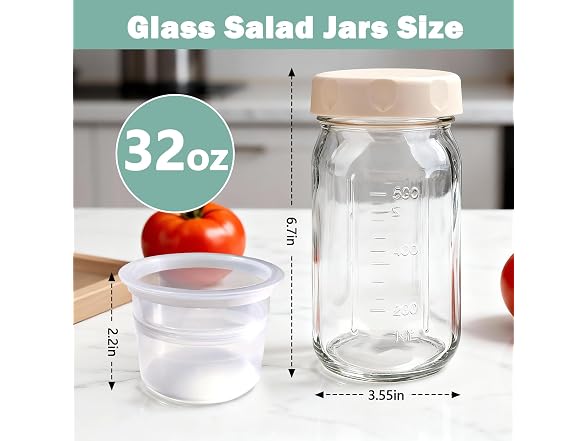 EKACO 4 Pack Glass Salad Jars 32 Oz - Leakproof Mason Jars