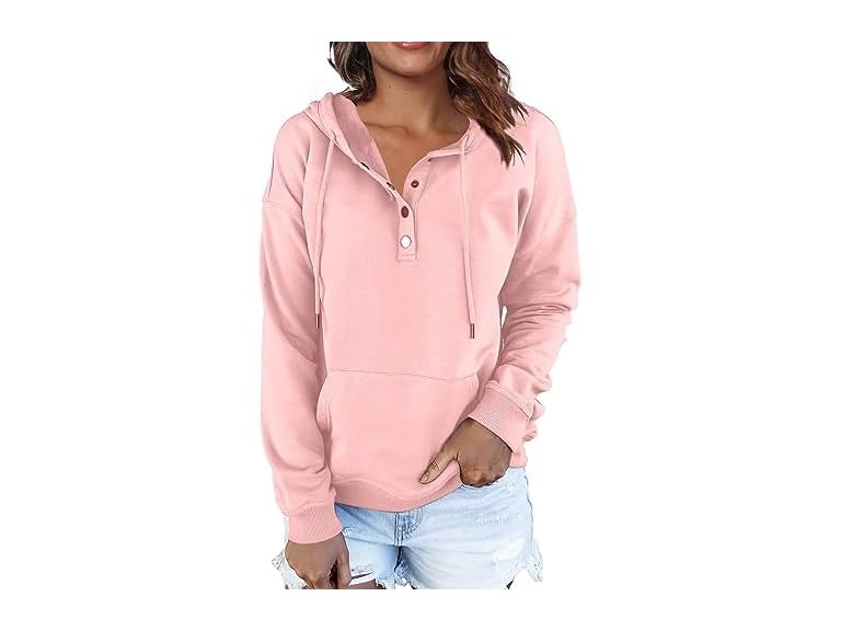 FKEEP Women Hoodies Casual Button Down Sweatshirt Drawstring Long Sleeve Pullover Fall Winter Clothes with Pockets Pink