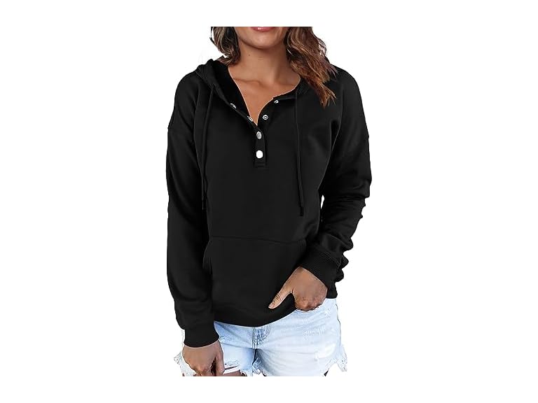 FKEEP Women Hoodies Casual Button Down Sweatshirt Drawstring Long Sleeve Pullover Fall Winter Clothes with Pockets Black