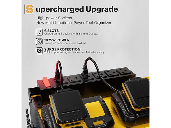 Spampur Power Tool Organizer Wall Mount 15 Min Assembly & Maximum 420lb Load by Heavy Duty Metal, 8 Slots for Cordless Drill, Tool Holder with 6 Outlet Power Strip (Open Box)