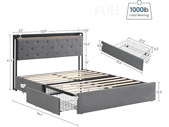 IDEALHOUSE Full Bed, 4 Drawers, Grey