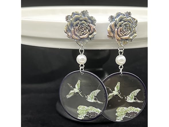 Rose with Crane-Flying Pendant Earrings